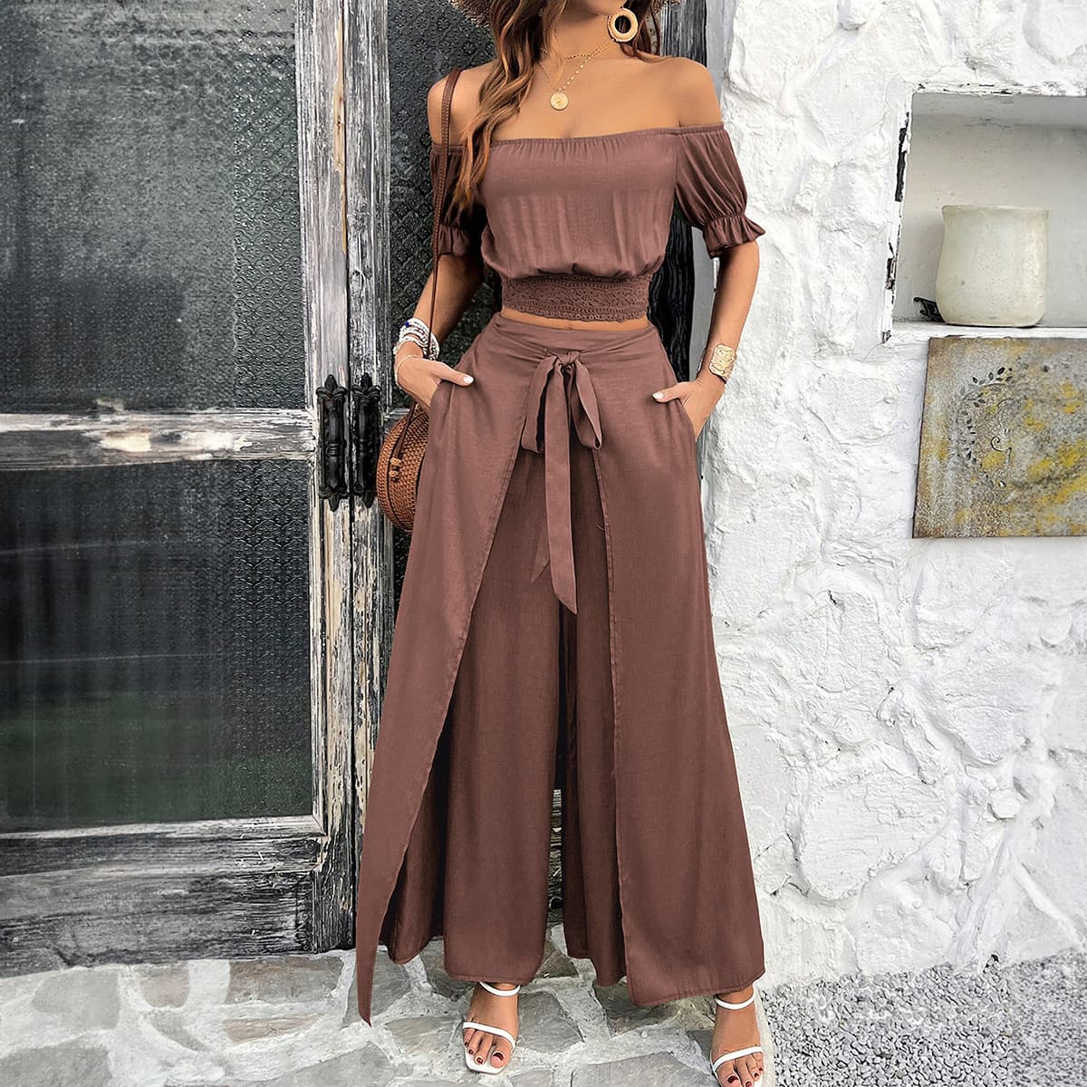Women's Clothing Spring And Summer Temperament Solid Color Belly Baring Top Wide Leg Pants Suit