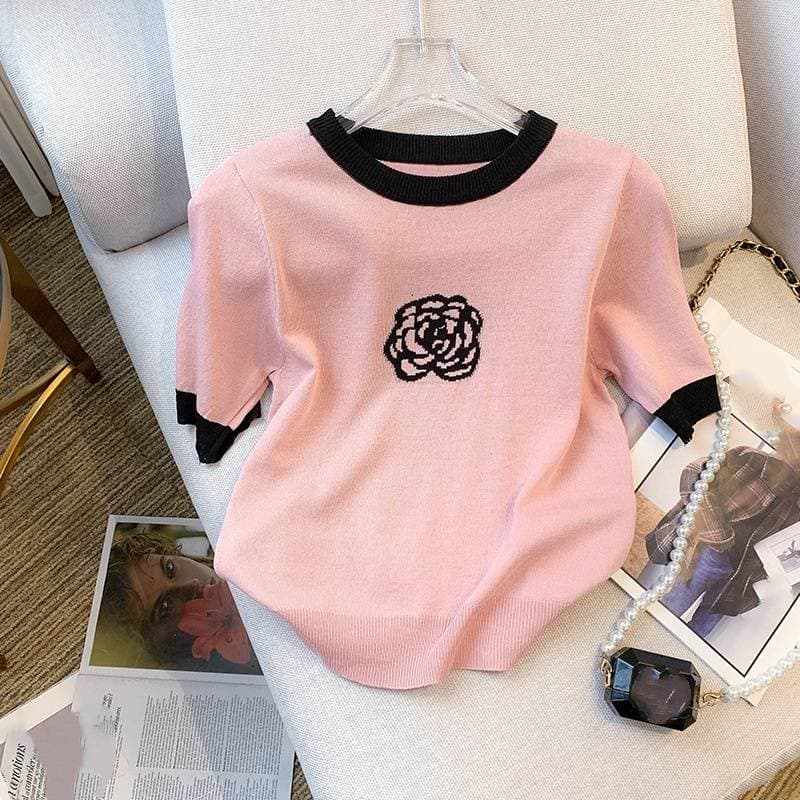 Women's Clothing Summer pink short sleeved straight shoulder T shirt
