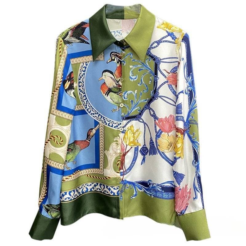 Chemise en sergé de soie à imprimé animal – Col à revers ouvert sur le devant (S-XXXL)
