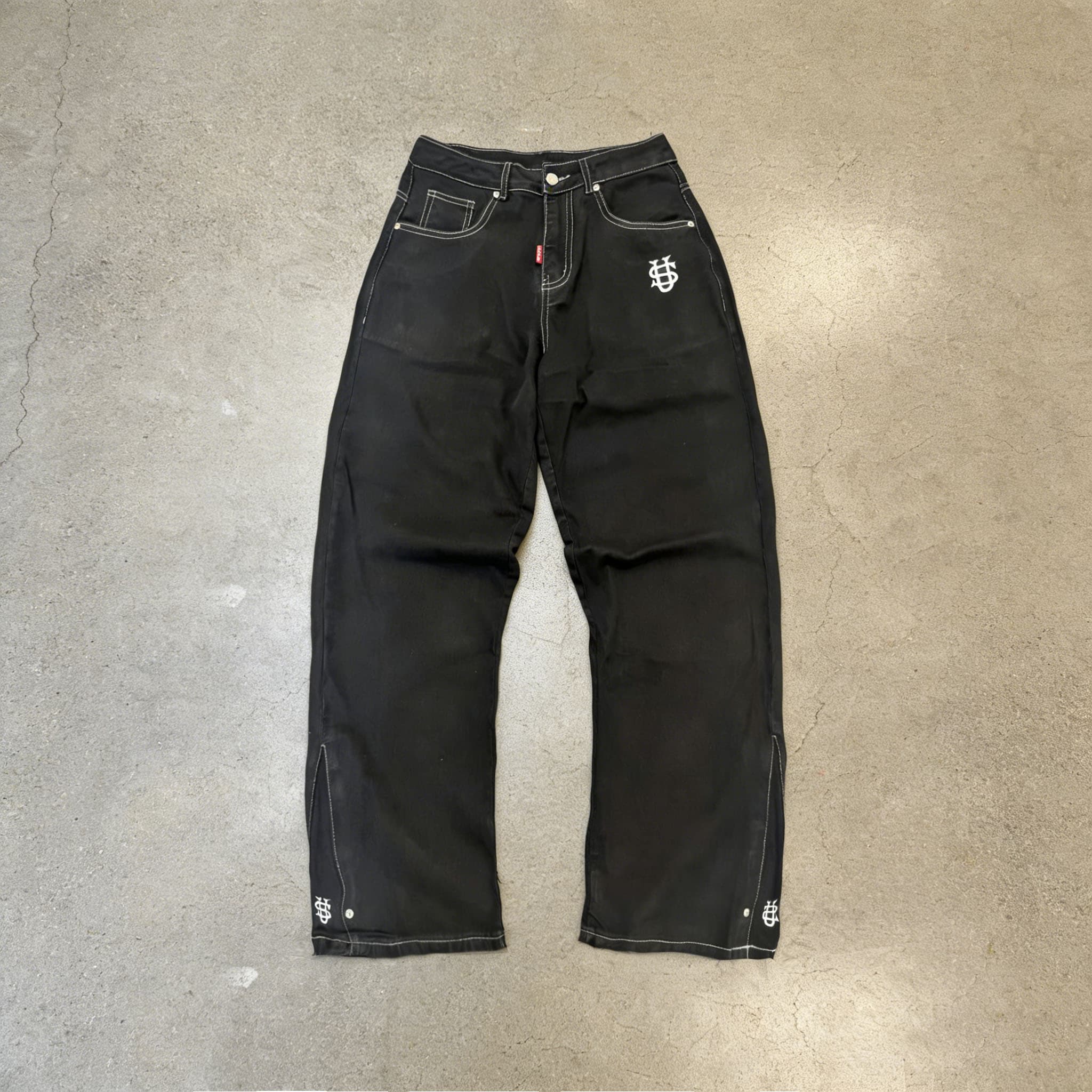 Men's US Embroidered Denim Jeans - Heavyweight Black Selvedge Pants With 3D Coordinates