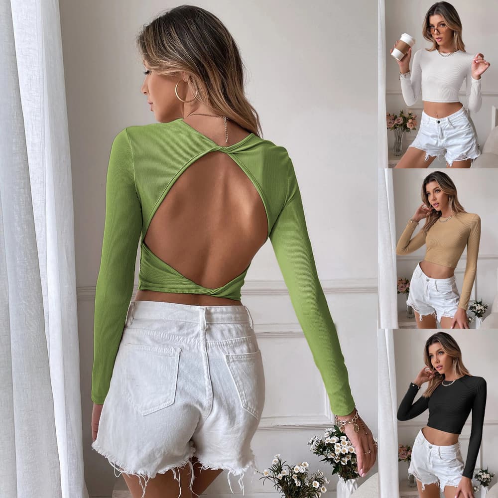 Women's Sexy Open Back Casual Short Fit Knitted Long Sleeve T-shirt Top Bottom Outwear