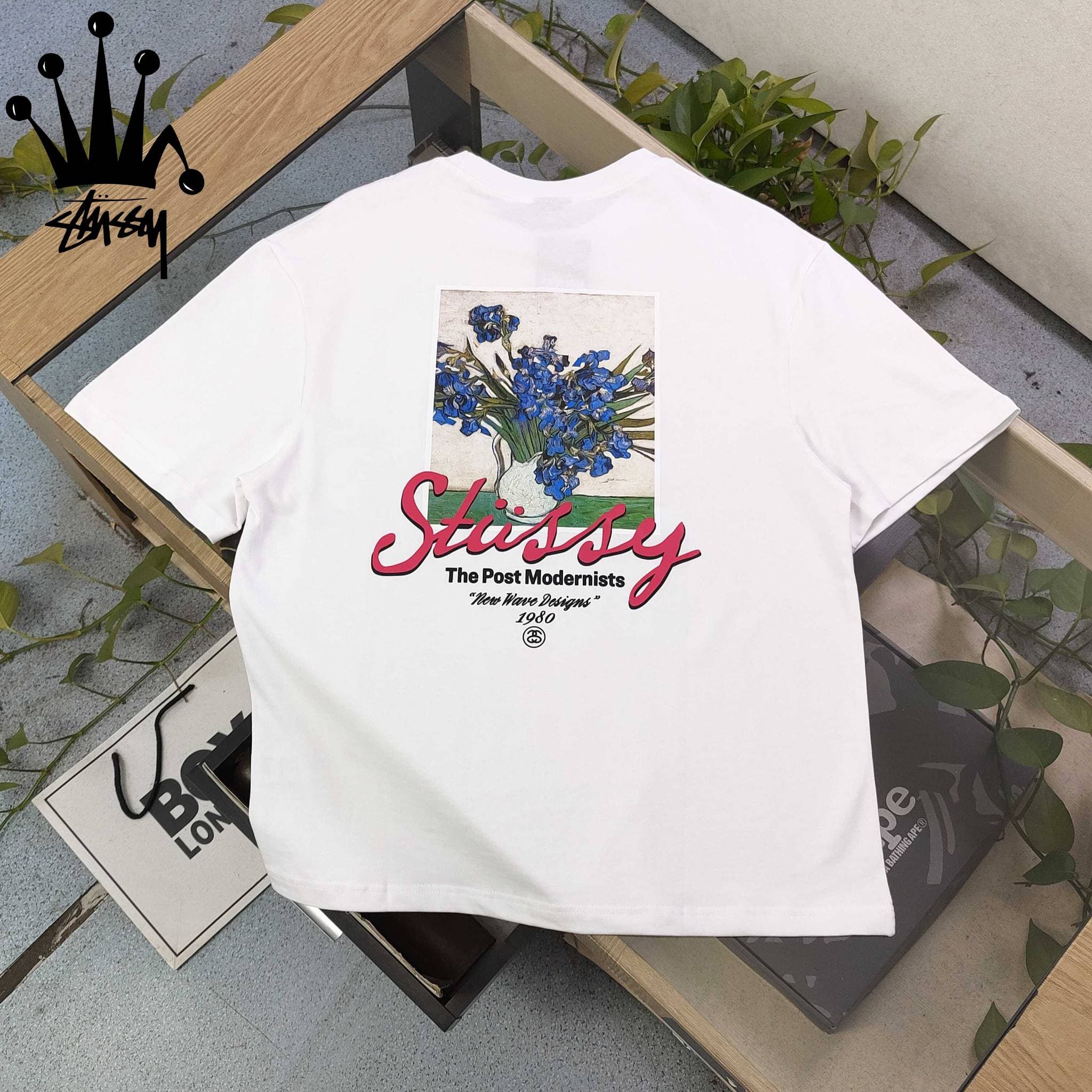 Stussy Van Gogh Oil Painting, Herringbone Pattern, Logo, Letter Print, Casual Loose Cotton Short Sleeved T-shirt