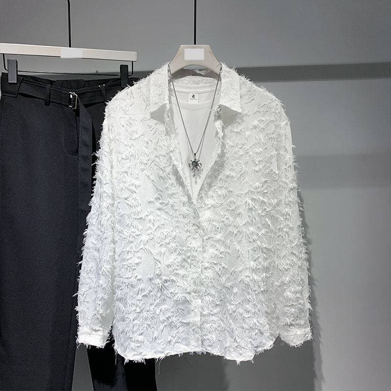 Minimalist Summer Shirt With Faux Fur Collar – Slim Fit Long Sleeve Luxury Design (M-3XL, White/Black)