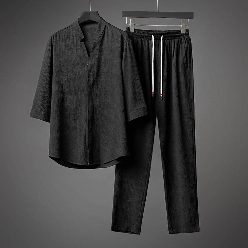 Men's Clothing Summer Thin Casual Ice Silk Short-sleeved T-shirt Large Size Breathable V-neck Shirt Two-piece Set