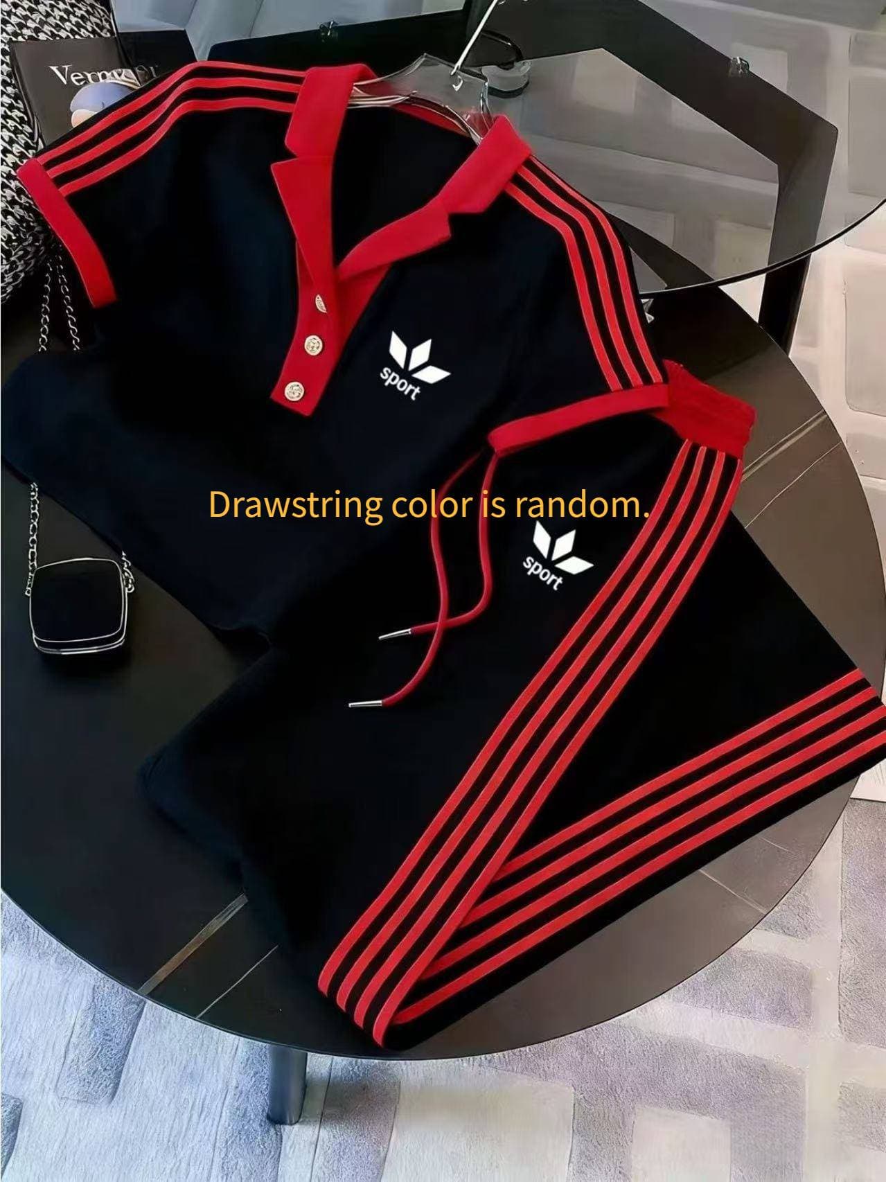 Ensemble deux pièces pour femme : polo imprimé 3D, pantalon large à manches courtes et color block.