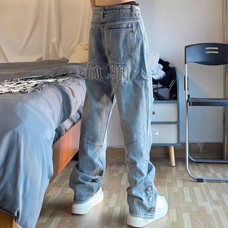 Men's Clothing High Street Fashion Brand Embroidered Buttoned Casual Trousers Men's Vibe Style Blue Loose Hip-hop Street Jeans Trend