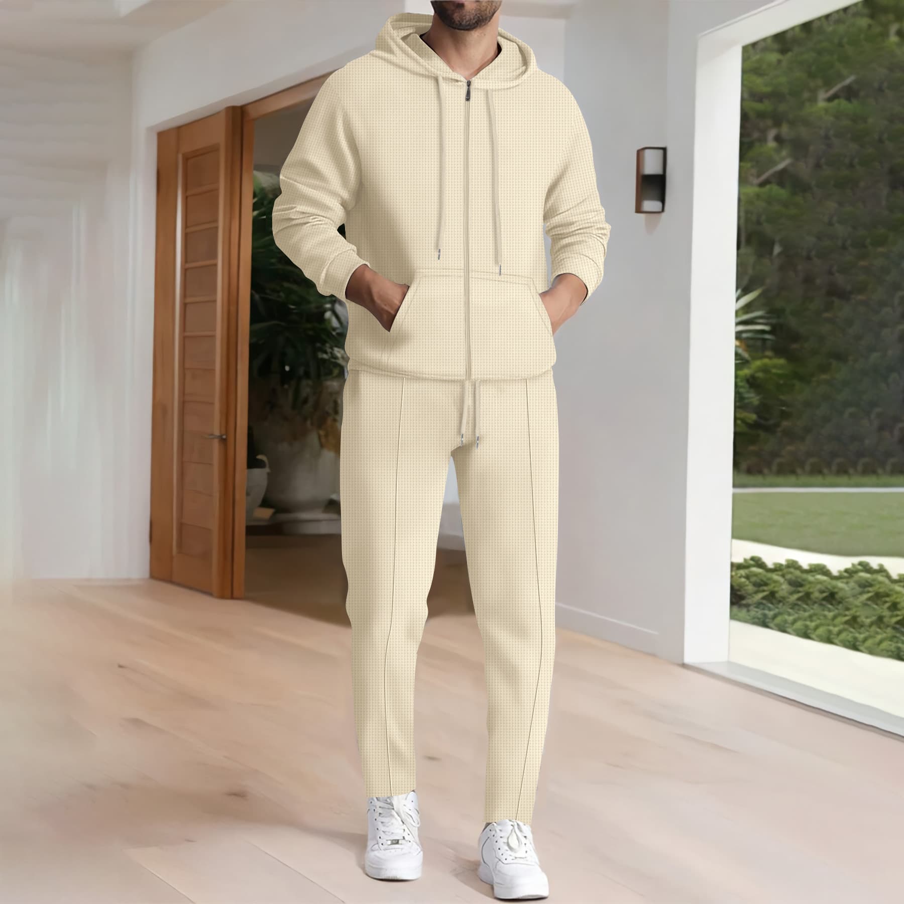 2025 Winter New Waffle Pocket Zipper Hoodie Sleeve Coat Long Pants Sports Set