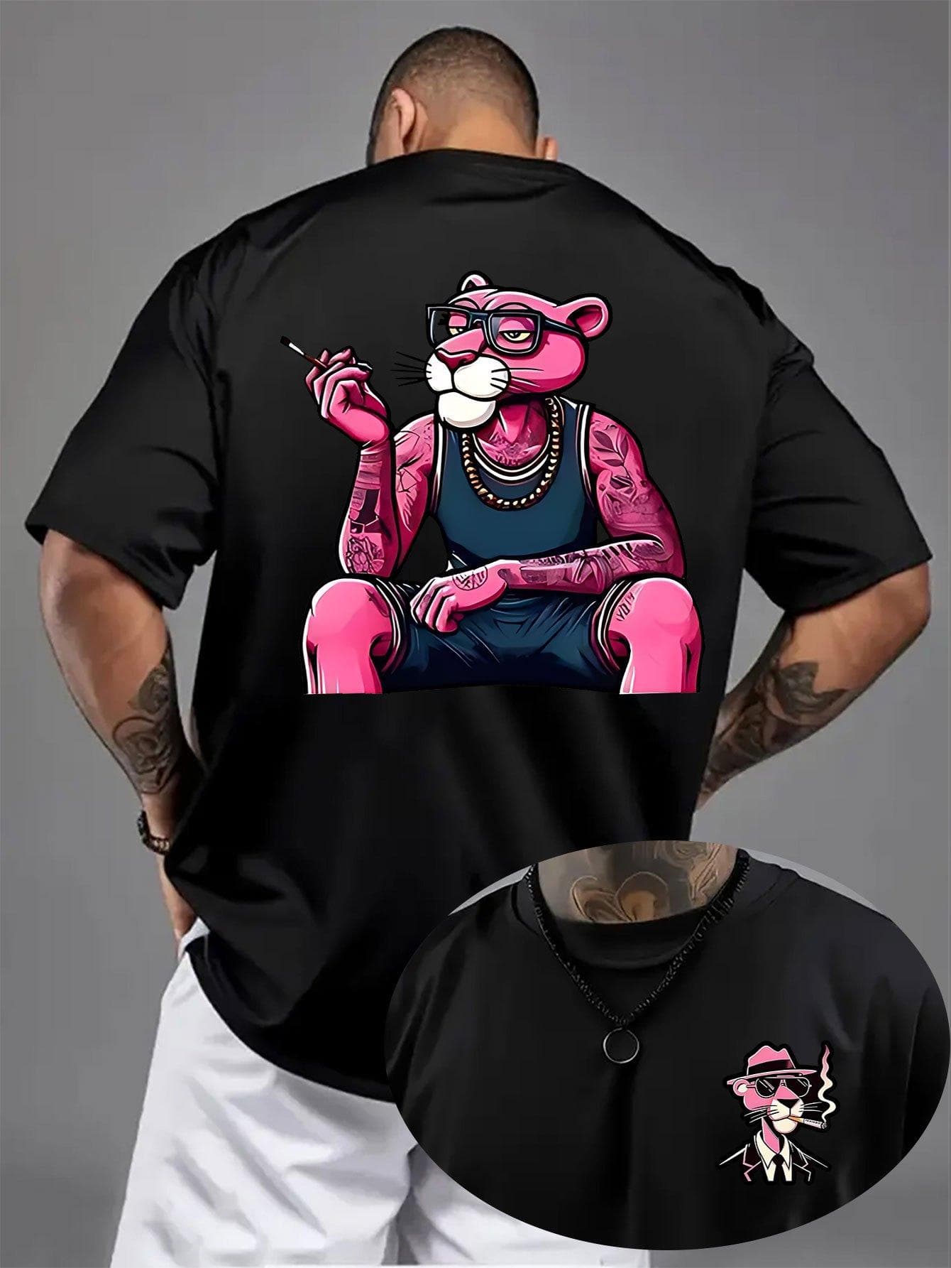 Herren Sommer Freizeit 100% Baumwolle Kurzarm T-Shirt - Leuchtendes Rotes Cartoon Pink Panther Grafik-T-Shirt Mit Modischen Brillen