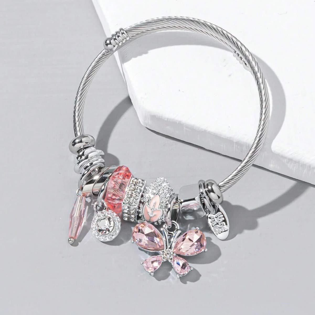 New Korean Edition Stainless Steel Open Butterfly Crystal Tassel Glass Beaded Bracelet, Female Handpiece