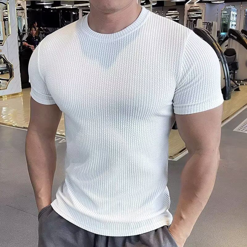 Men's Clothing Slim Fit Crew Neck T-Shirt Quick Drying Sports Fitness Top With Textured Cuffs Elastic Short Sleeve T-Shirt For Summer