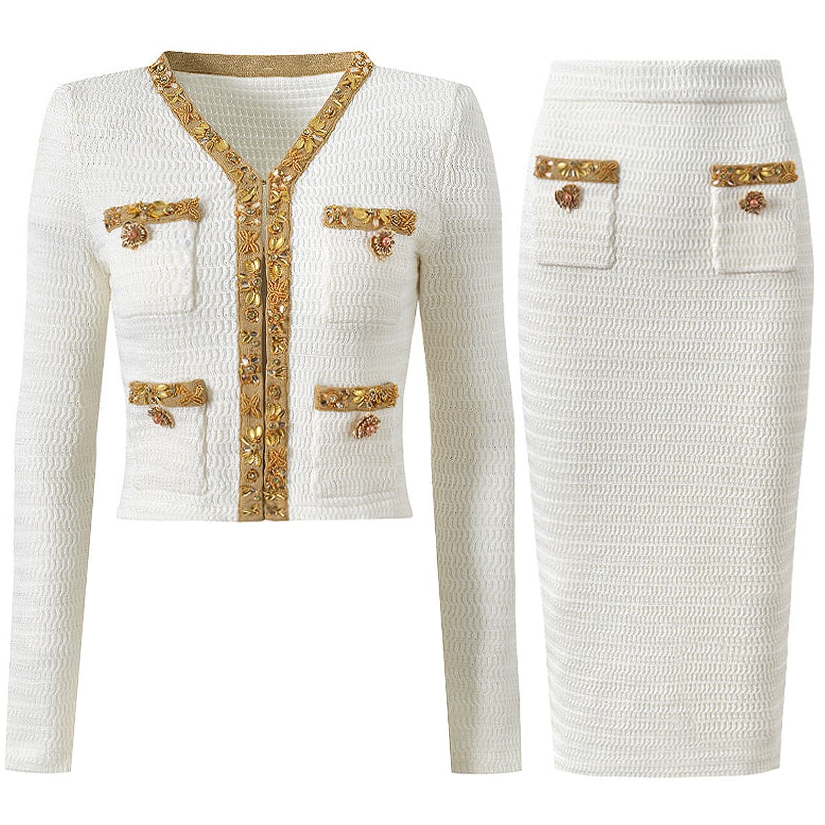 ​​Sequined Beaded Knit Cardigan & Hip Skirt Set – Spring/Fall Sparkle Co-Ord (Red/Black/White, S-XL)​​