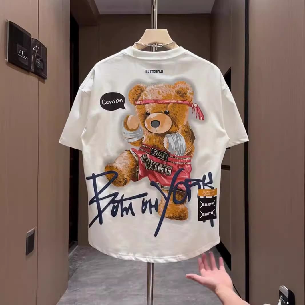 Men's Clothing 2024 summer new men's versatile bear painted print short sleeved T shirt tops half sleeved men's handsome