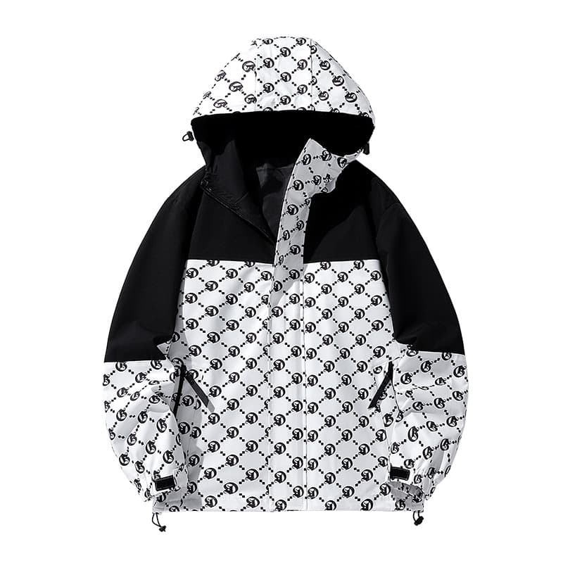 Men's Clothing Fashion Hooded Jacket Couple Jacket Full Of Printed Letters Stitching Windproof And Waterproof Jacket Cross Border