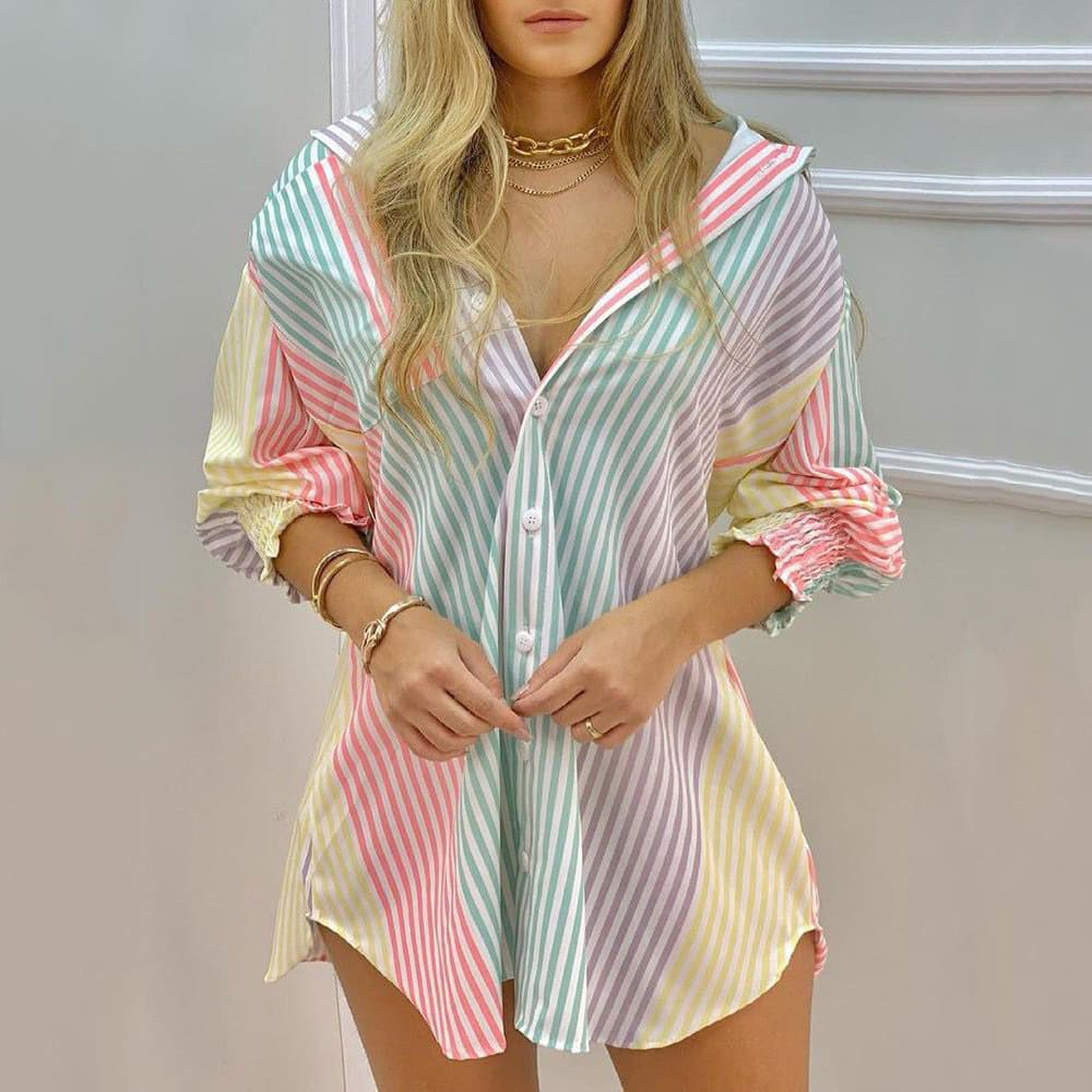 Women's Clothing Spring And Autumn New Women's OL Commuter Elegant Long Sleeve Lapel Printed V Neck Button Shirt JR922