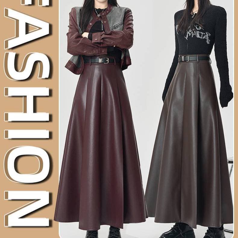 ​Women’s High-Waisted PU Leather A-Line Skirt Long Flowy Midi Skirt With Pleats, Slimming Fall/Winter Pencil Skirt (S/M/L/XL, Brown/Black/Ankara Red)​