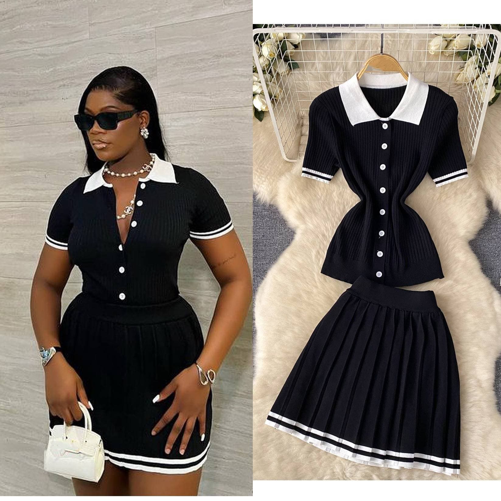 Vêtements pour femmes, haut à manches courtes et col polo de couleur contrastée + jupe plissée slim taille haute, deux pièces d'été