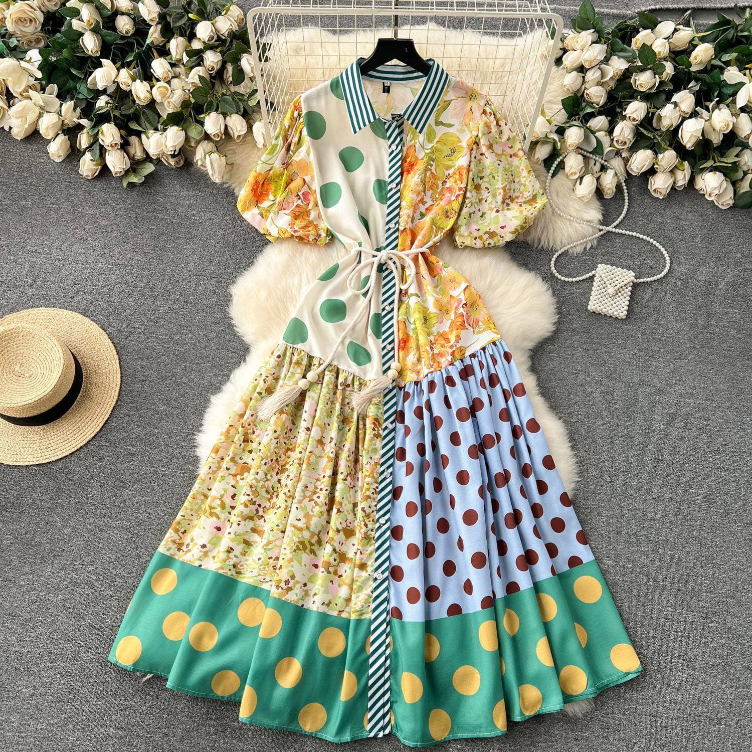 Women's Clothing Color Contrast Splicing Foreign Air Bubble Sleeve Loose Long Design Sense Dot Dress