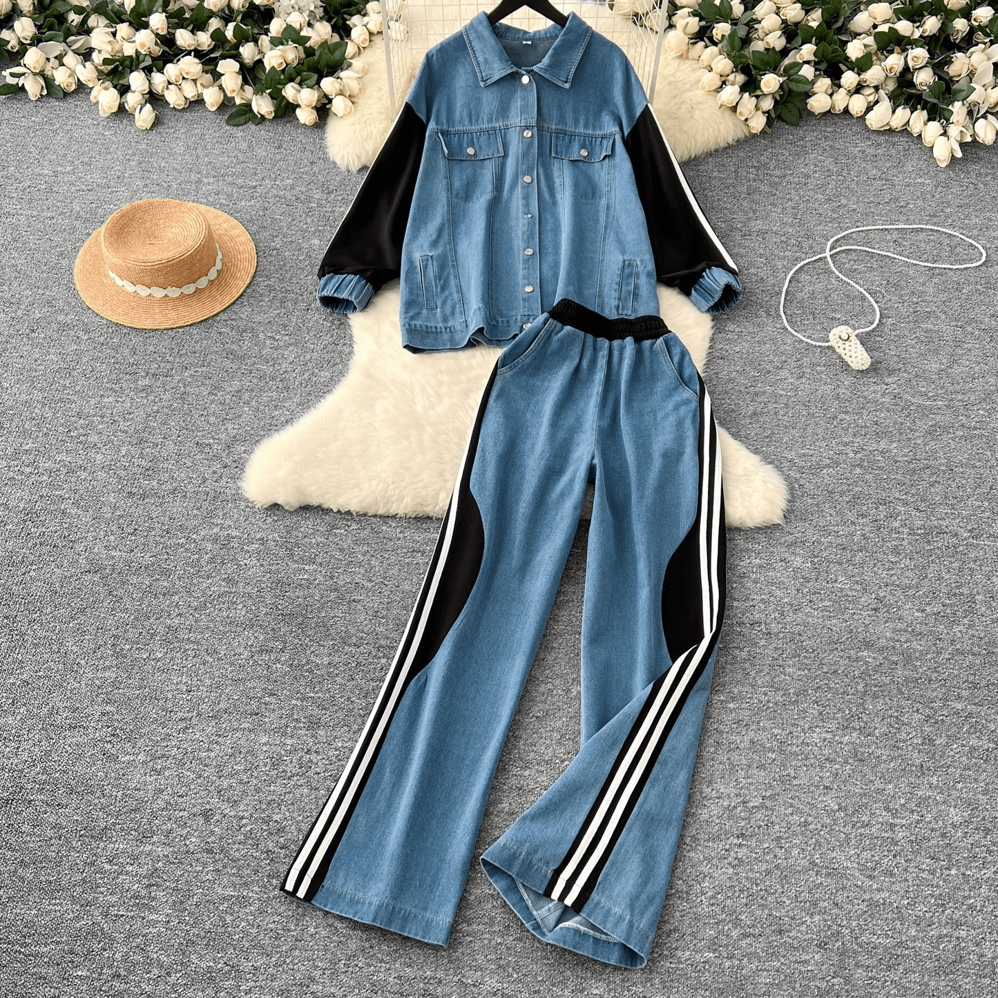 Women's Clothing Casual Fashion Sportswear Two Piece Suit For Women Loose Color Denim Top High Waist Wide Leg Straight Pants Suit
