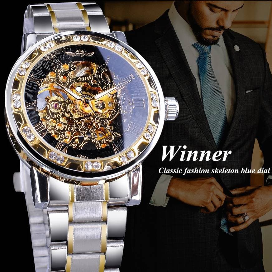 Montre mécanique squelette de luxe pour homme avec bracelet en alliage et diamants – Montre élégante et décontractée pour homme, avec strass creux