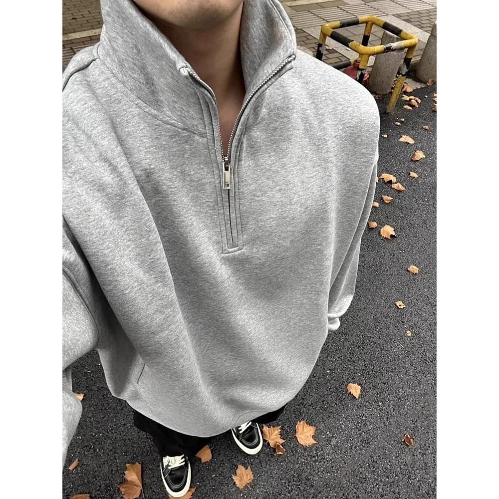 ​​CleanFit Half-Zip Stand Collar Sweatshirt – Minimalist Oversized Pullover For Men (Black/Grey)​​