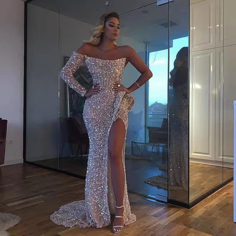 Women's Clothing Spring And Summer New Women's Sexy One Shoulder Dress Floor Mopping Split Banquet Slim Long Dress Evening Dress