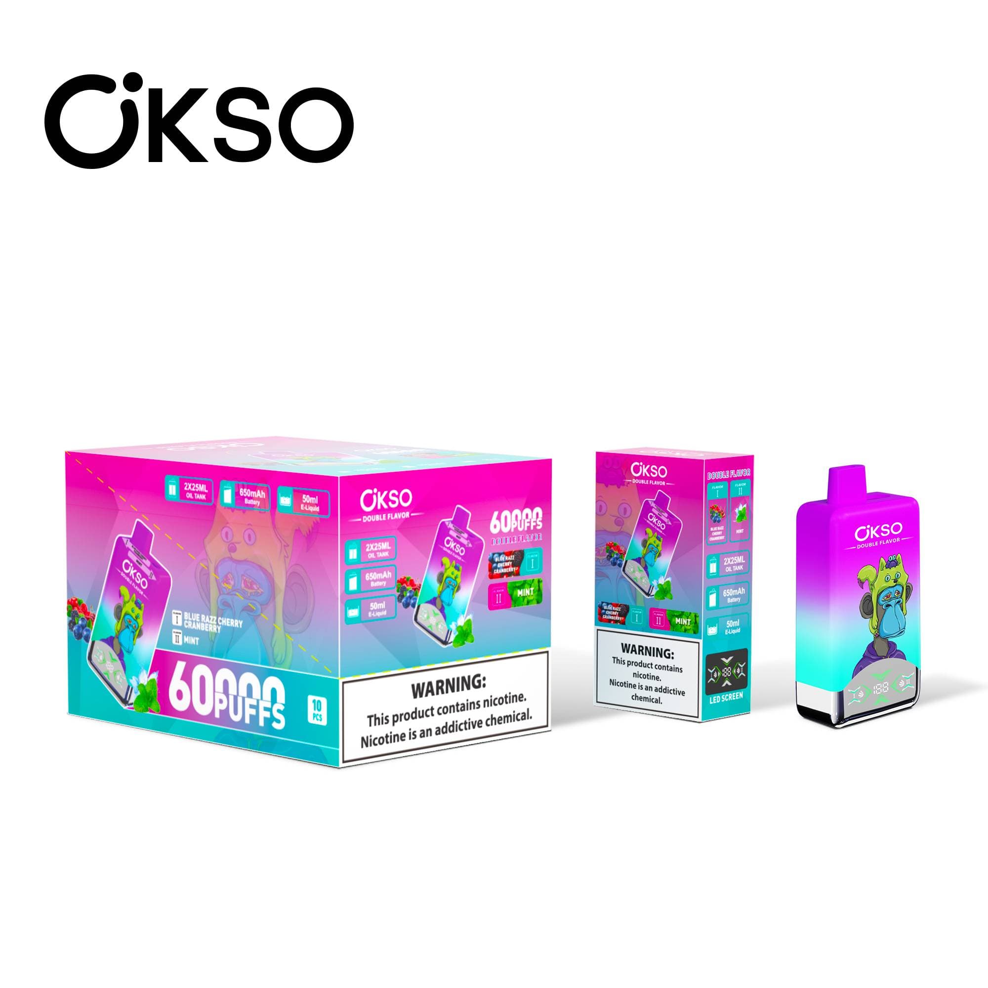 Batterie 650 mAh OKSO Double Saveur 60 000 bouffées 60 000 vape 10 résistances Mesh Double Saveur Écran LED Cigarette électronique jetable