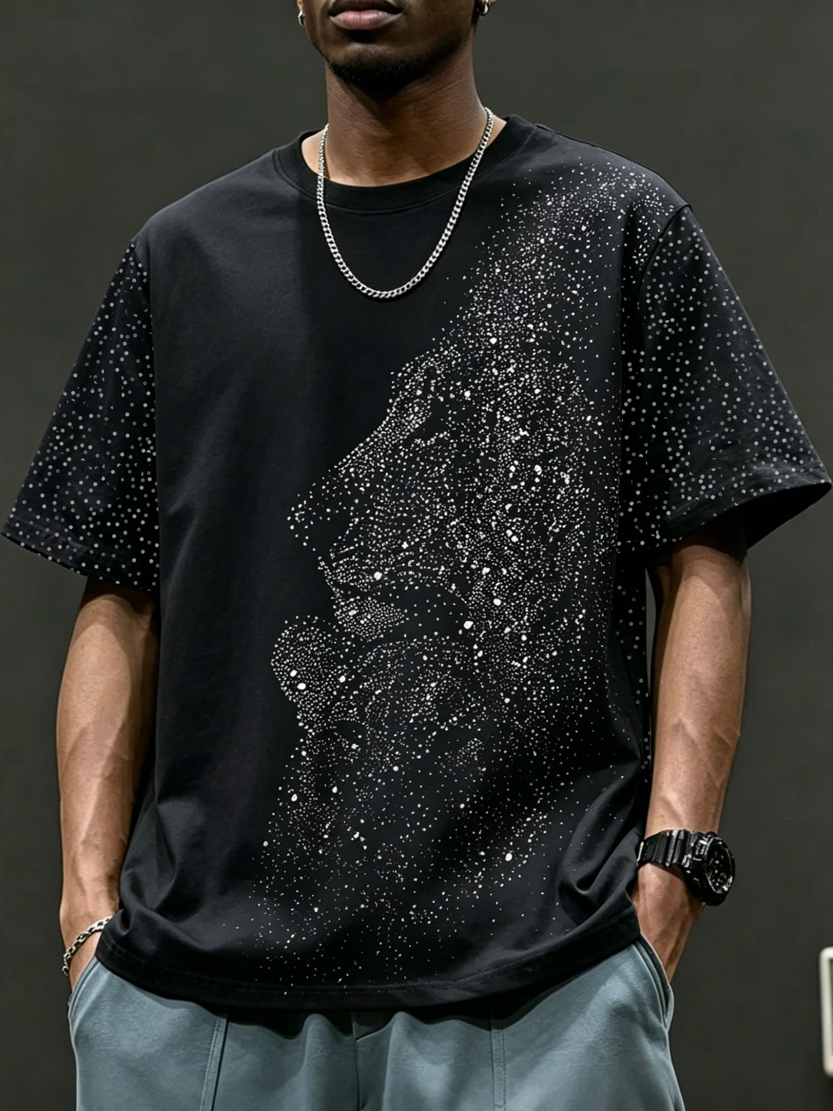 Cross Border Men's Summer Fashion Casual Lion Pattern Short Sleeved T Shirt With Hot Fix Rhinestone Design