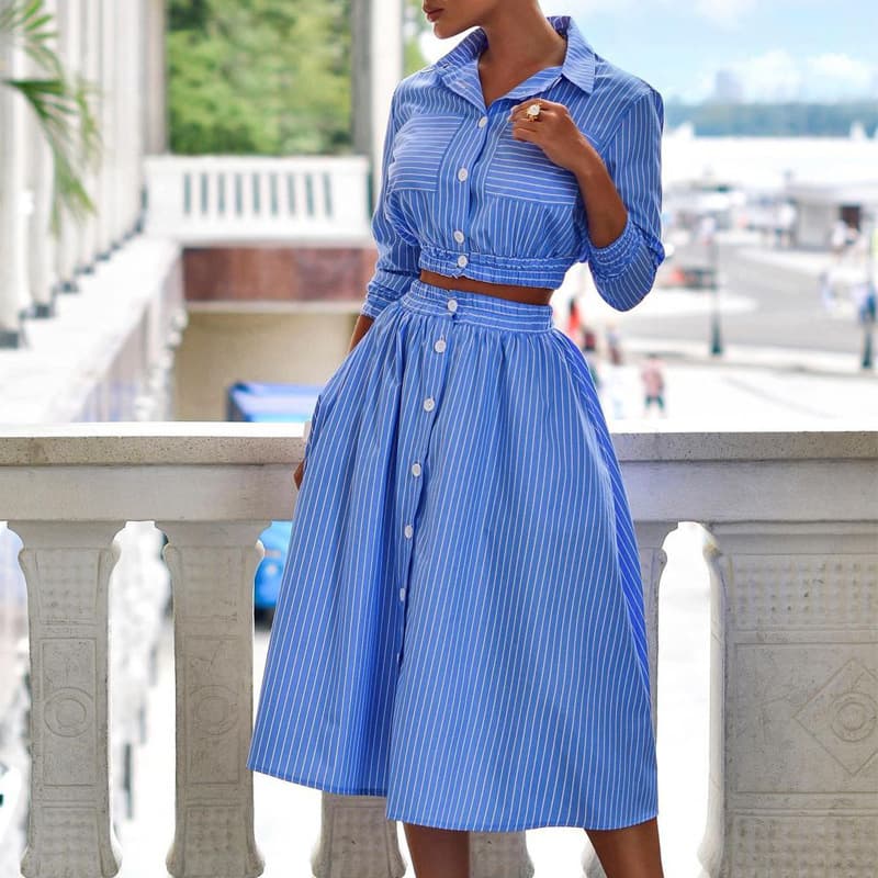 Women's Clothing Long sleeve striped shirt suit skirt