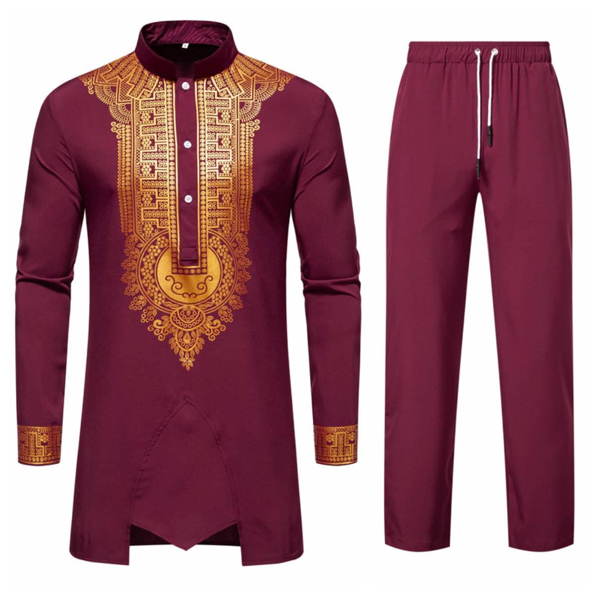 2pcs/set Men's Moslem Independent Website Wish Menswear Long Printed Cardigan Trendy Shirt Ethnic Style