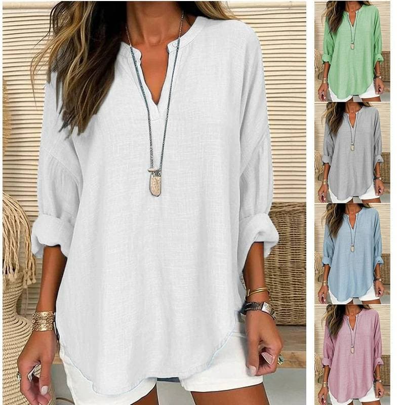 Women's Clothing New V Neck Cotton And Linen Pure Large Size Shirt