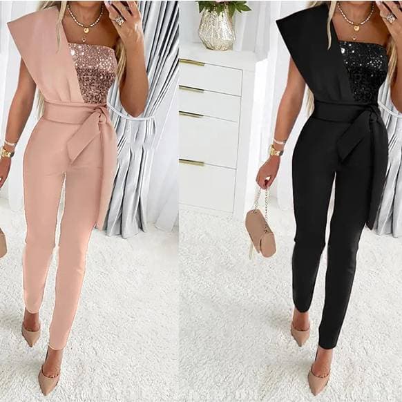 Women's Clothing Stitching One-shoulder Sequin Party Jumpsuit