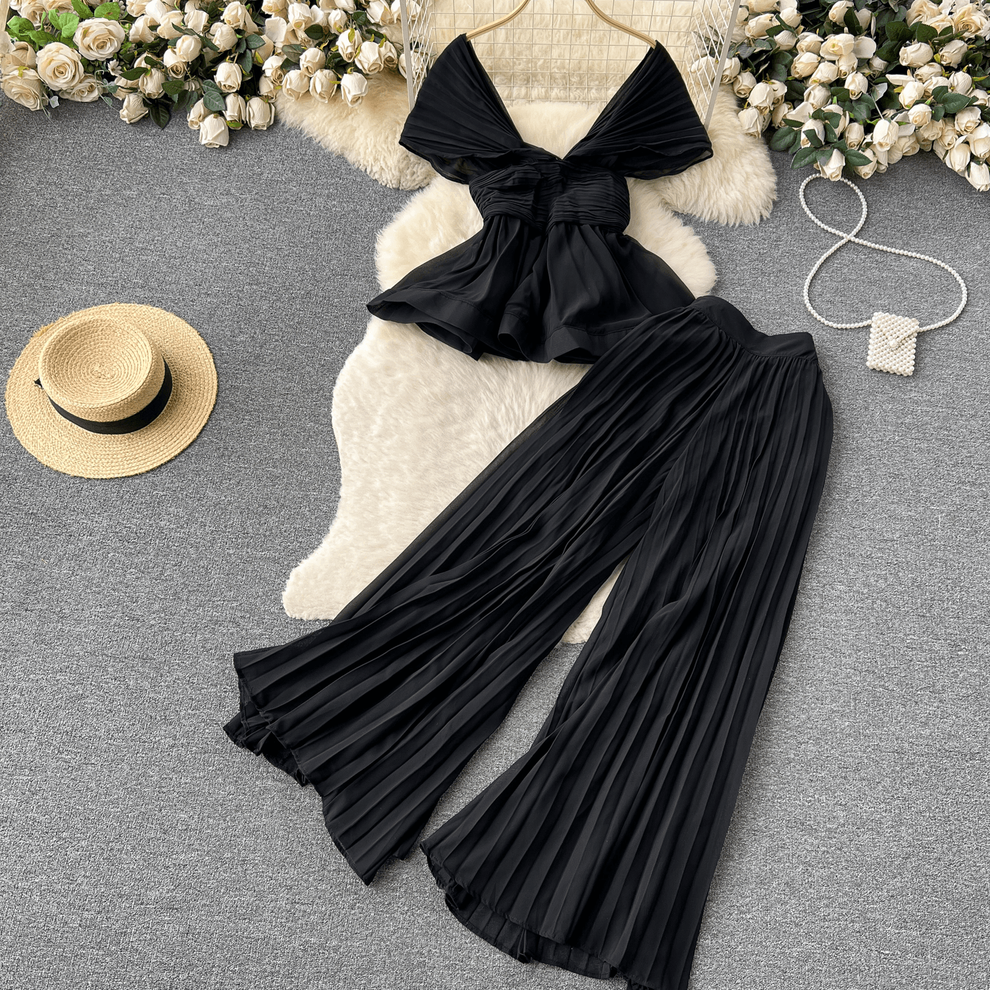 Women's Clothing High End Elegant Fashion Suit For Women Summer Pleated Sleeveless Chiffon Top High Waisted Wide Leg Trousers Two Piece Trendy Set