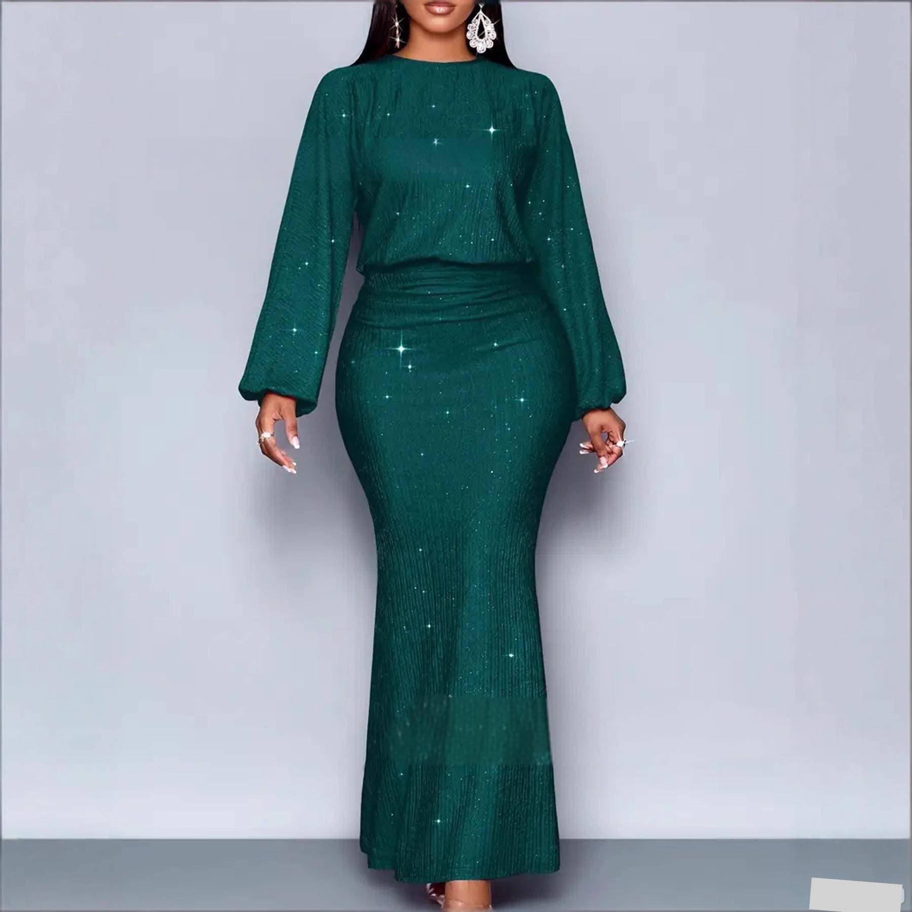Elegant Plus Size Long Sleeve Maxi Dress – Chic Solid Color Knit Dress For Fall & Party – Stretchy Polyester Blend – Sizes 0XL-5XL (Emerald Green)