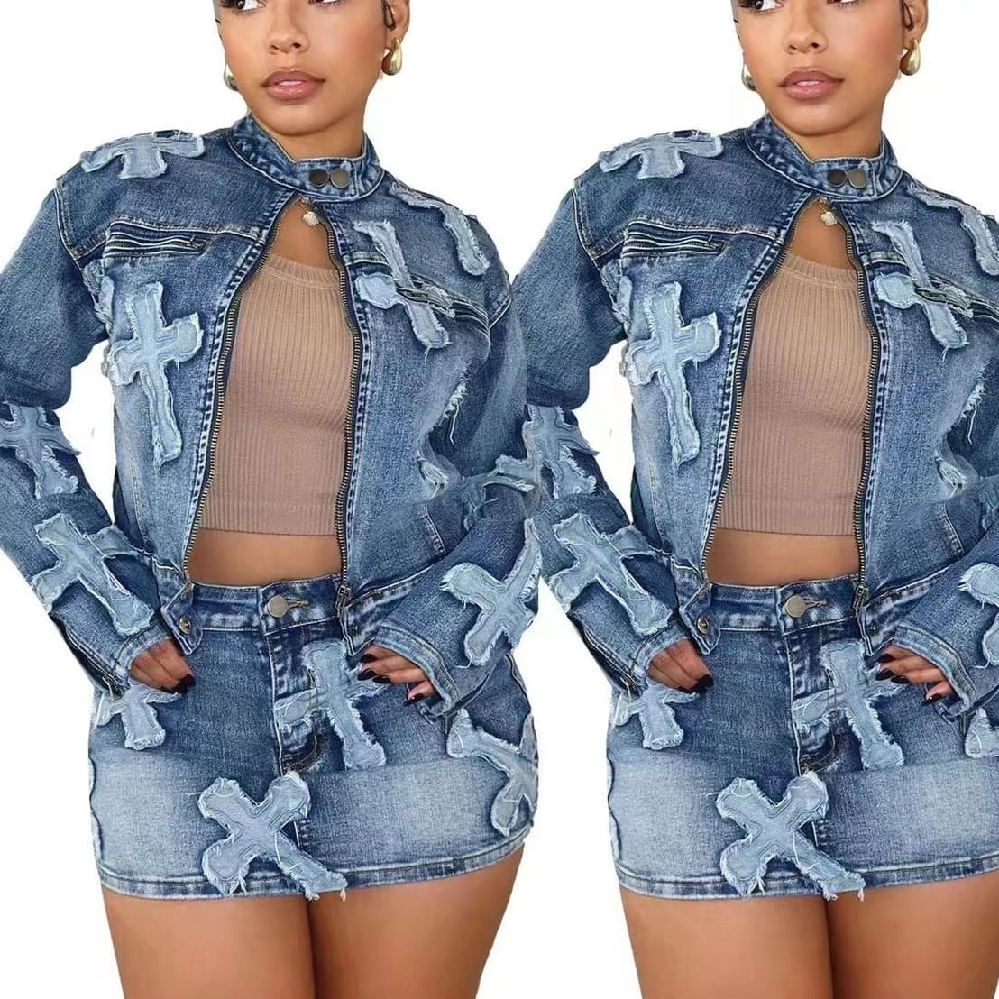 Women's Clothing Women's Autumn Fashion Boutique Denim Jeans Designer Two Piece Skirt And Jacket Suit