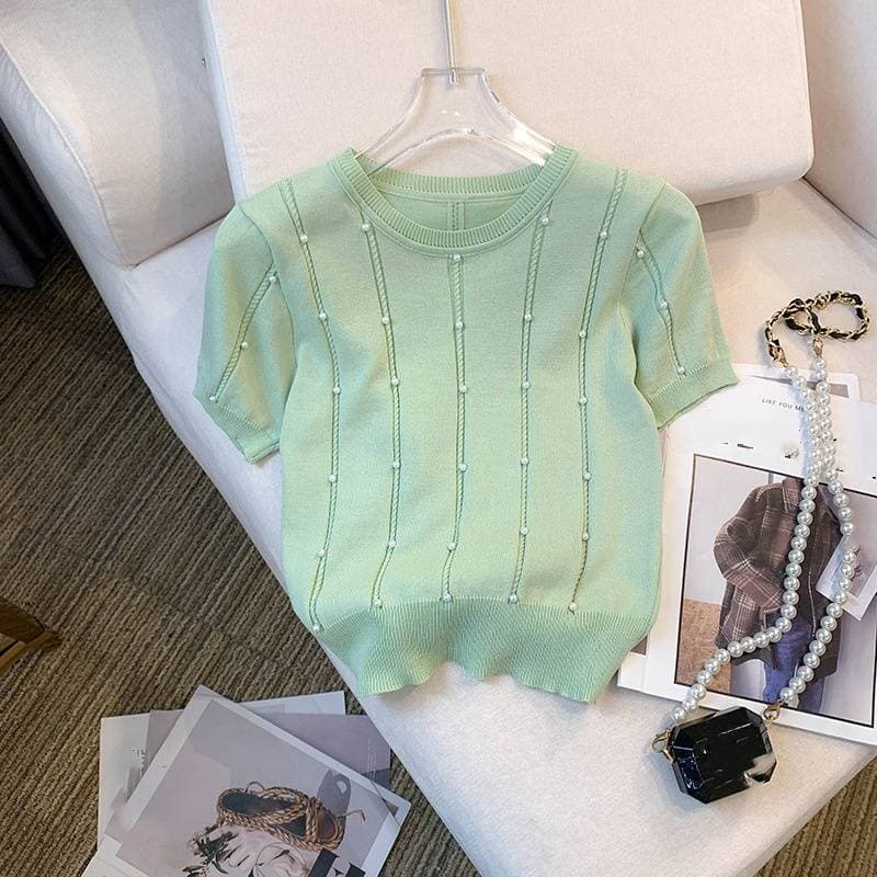 Women's Clothing Real Shot Of New Summer Design Thin Slim Round Neck T Shirt Short Sleeve Ice Silk Knitted