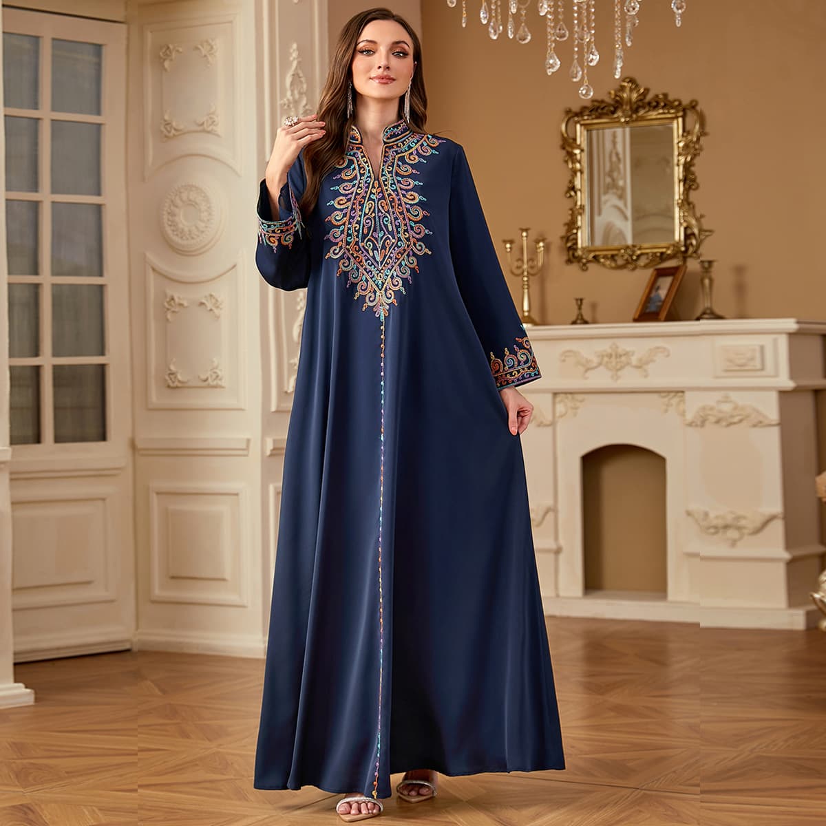 Fashion Elegant Beaded Handmade Beaded Long Skirt Light Luxury Heavy Work Abaya Women's Robe Musilin New