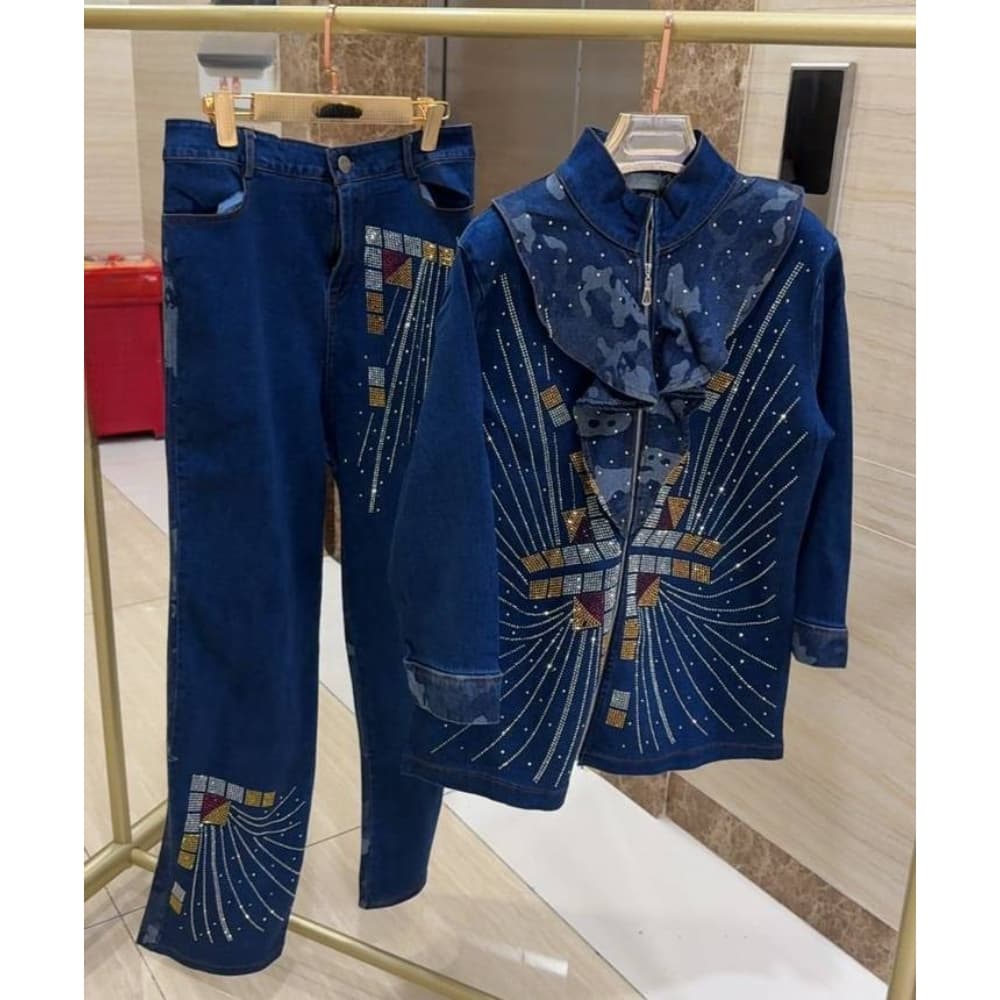 Women's Clothing Trendy Denim Suit Set For Women - Long Sleeve Top & Flared Pants With Stretch Comfort, Plus Size Blue Jeans Outfit