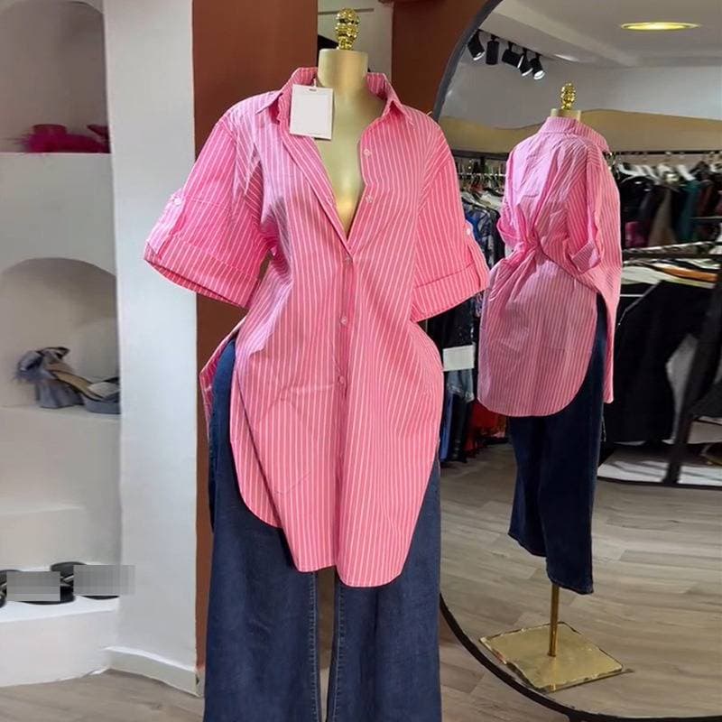 Women's Summer Fashion Shirt Top Lapel Single-Breasted Striped Mid-Length Short-Sleeved Blouse