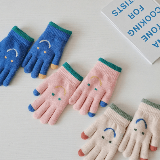 Kids' gloves Children's gloves Color matching smiley face embroidery warm finger gloves knit touch screen gloves