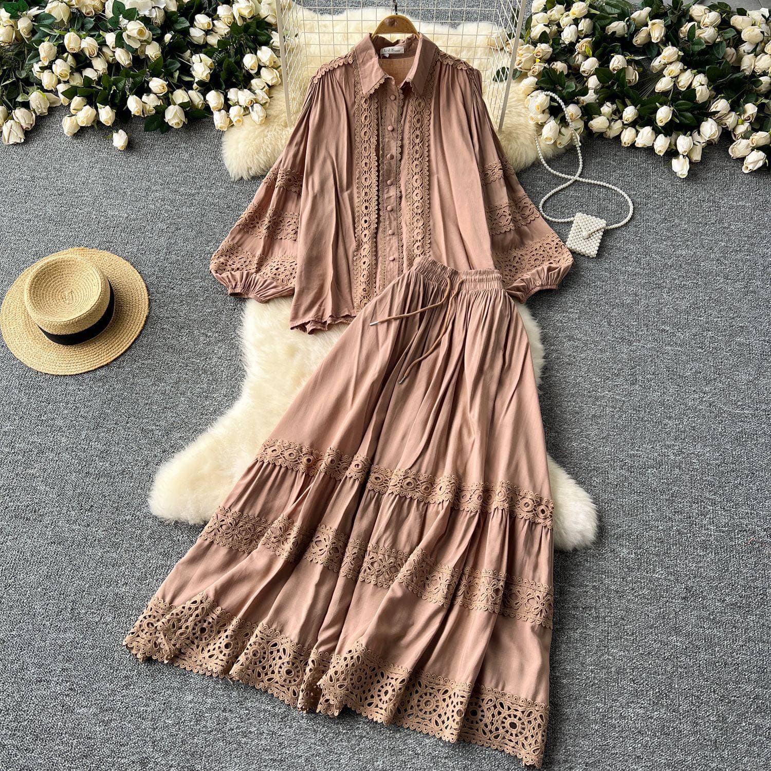 Women's Clothing Age Reducing Suit High Grade Hollow Lace Splicing Lantern Long Sleeved Shirt High Waisted Slim Fitting Skirt