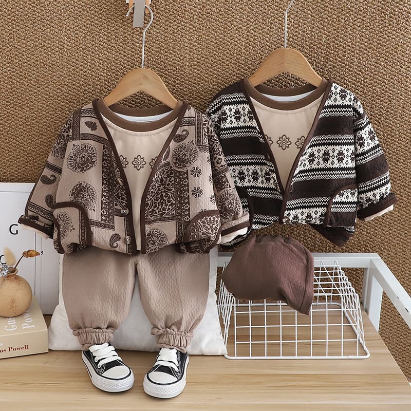Korean version fashionable cotton and linen suit boys' solid color shirt long sleeved cardigan three piece set