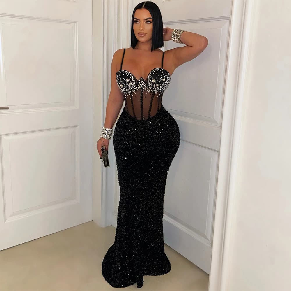 Women's Clothing Velvet Sequined Dress Hot Diamond Suspender Dress Hip Long Skirt Female