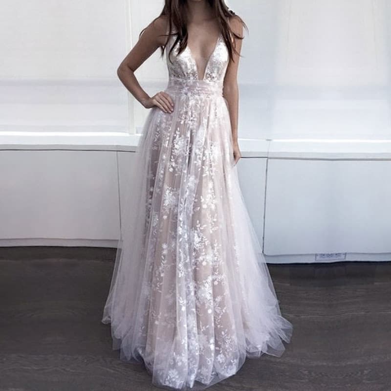 Women's Dress Sexy Lace Deep V Sleeveless Evening Dress