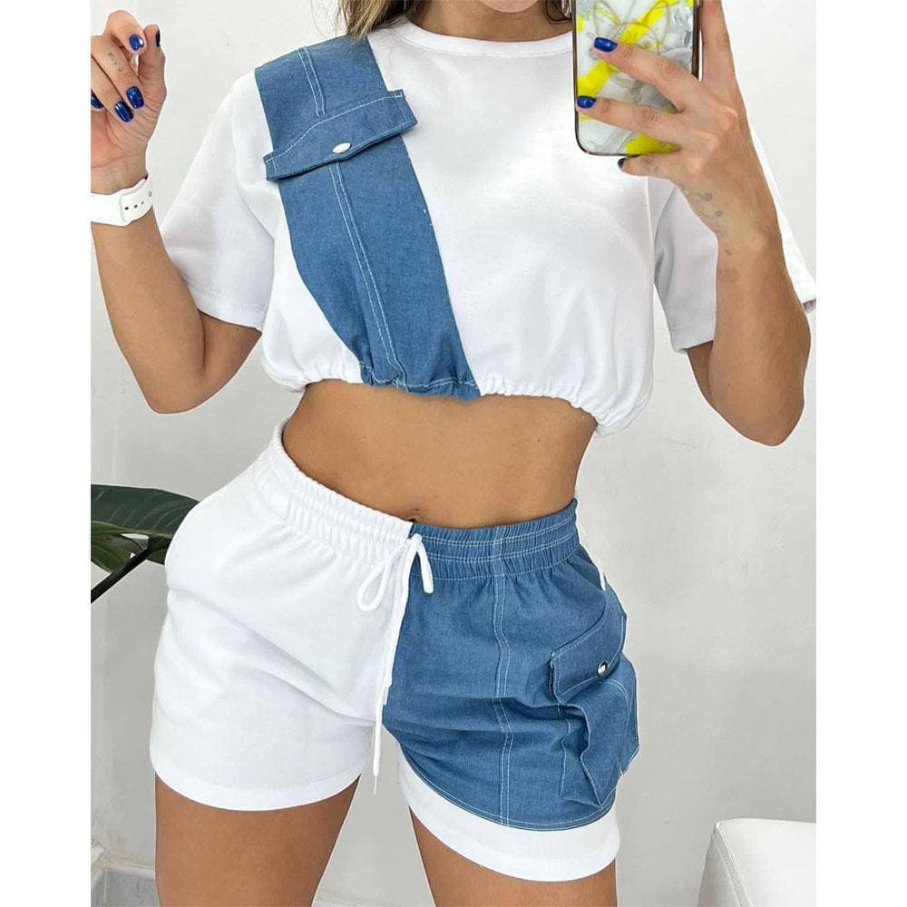 Women's Wholesale New Model Summer Imitation Denim Splicing Short Casual Suit