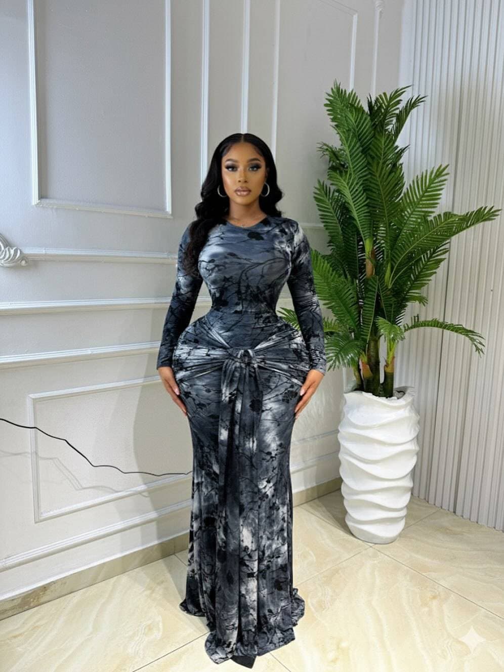 Spot European And American Dresses 2026 Spring INS Temperament Pleated Ribbon Round Neck Long Sleeved Printed Slim Fit Dress Long Skirt
