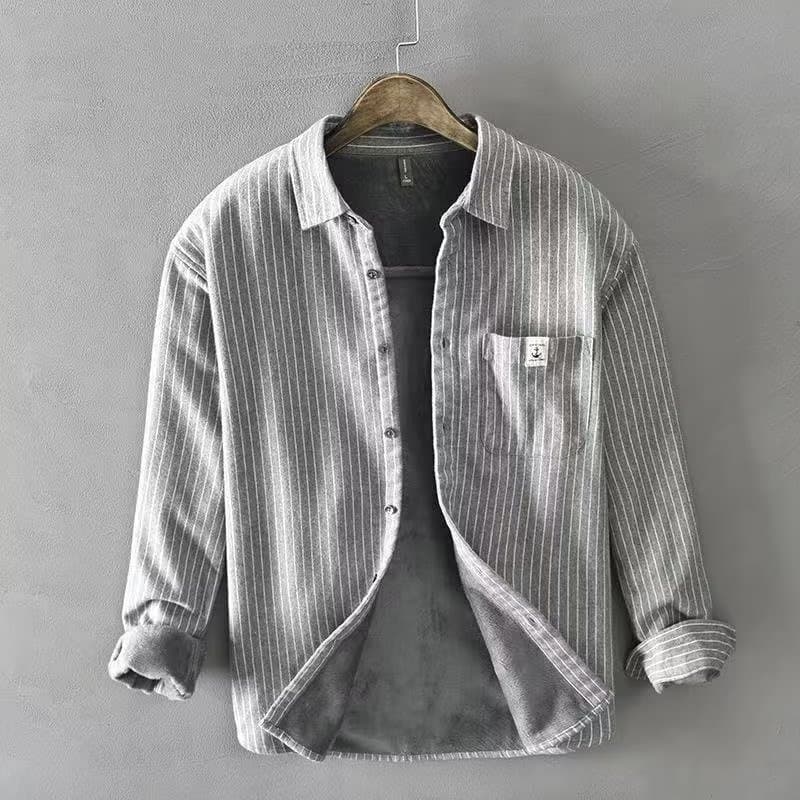 Pulse Pulse Men's Fleece-Lined Turn-Down Collar Long Sleeve Autumn Winter New Thickened Warm Striped Cardigan Shirt Jacket