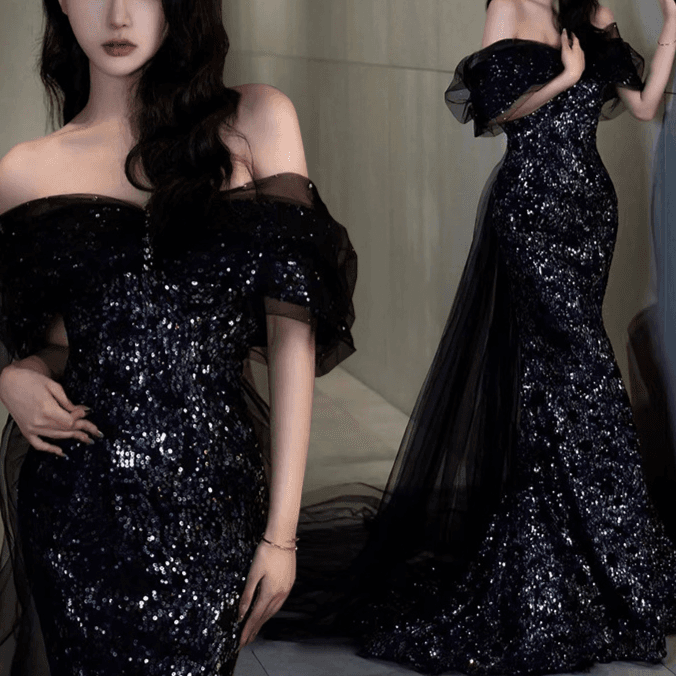 Women's Clothing New French Light Luxury Niche Temperament Catwalk Performance Clothing One Shoulder Dress Black