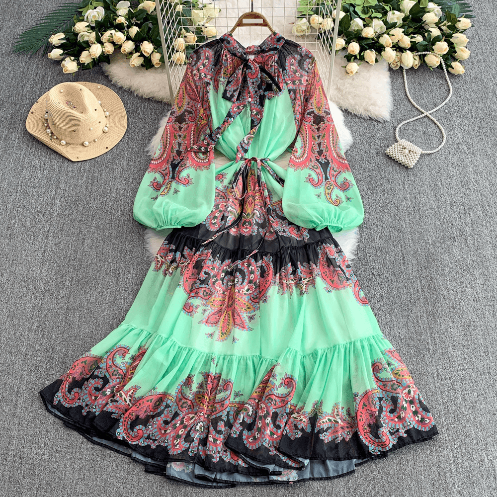 French Retro Print Lace Up Bowknot V Neck Lantern Sleeve Dress For Women High End Waist Ruffled Long Skirt