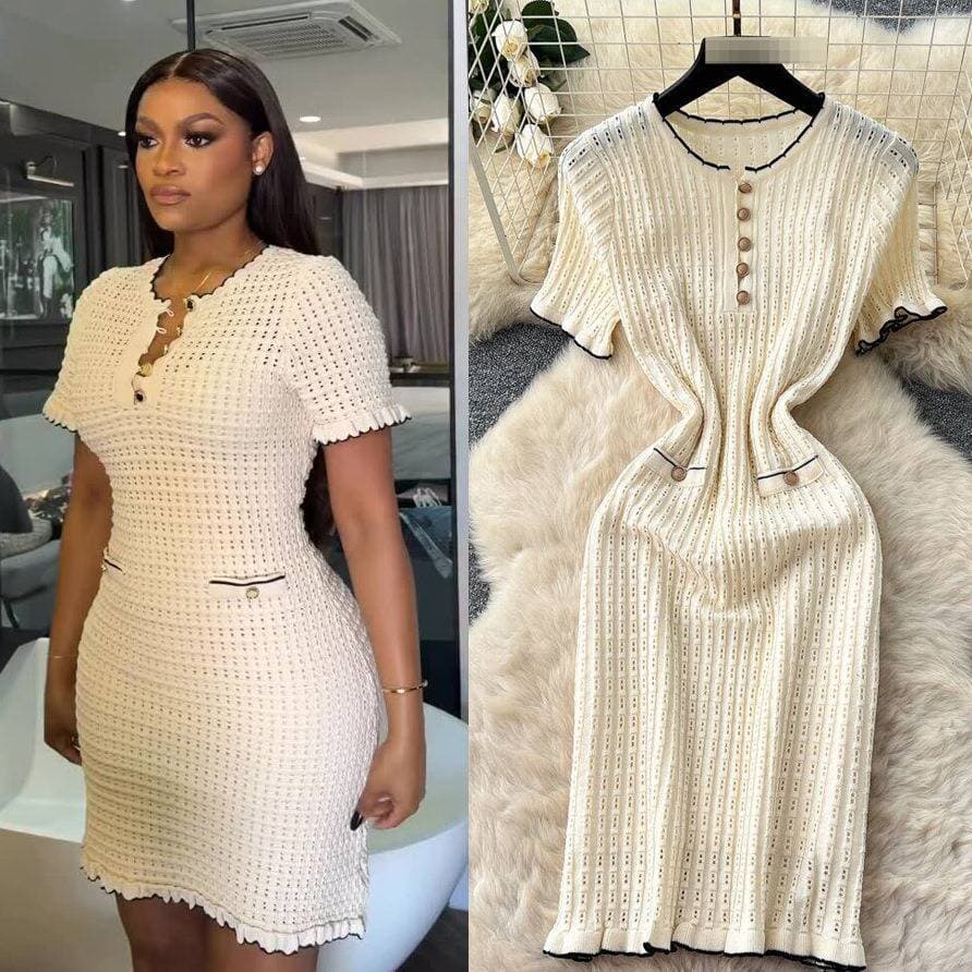 Elegant Black French Style Openwork Knit Dress For Women Short Sleeved A-Line Skirt Ruffled Trim Slimming Effect Casual Summer Fashion