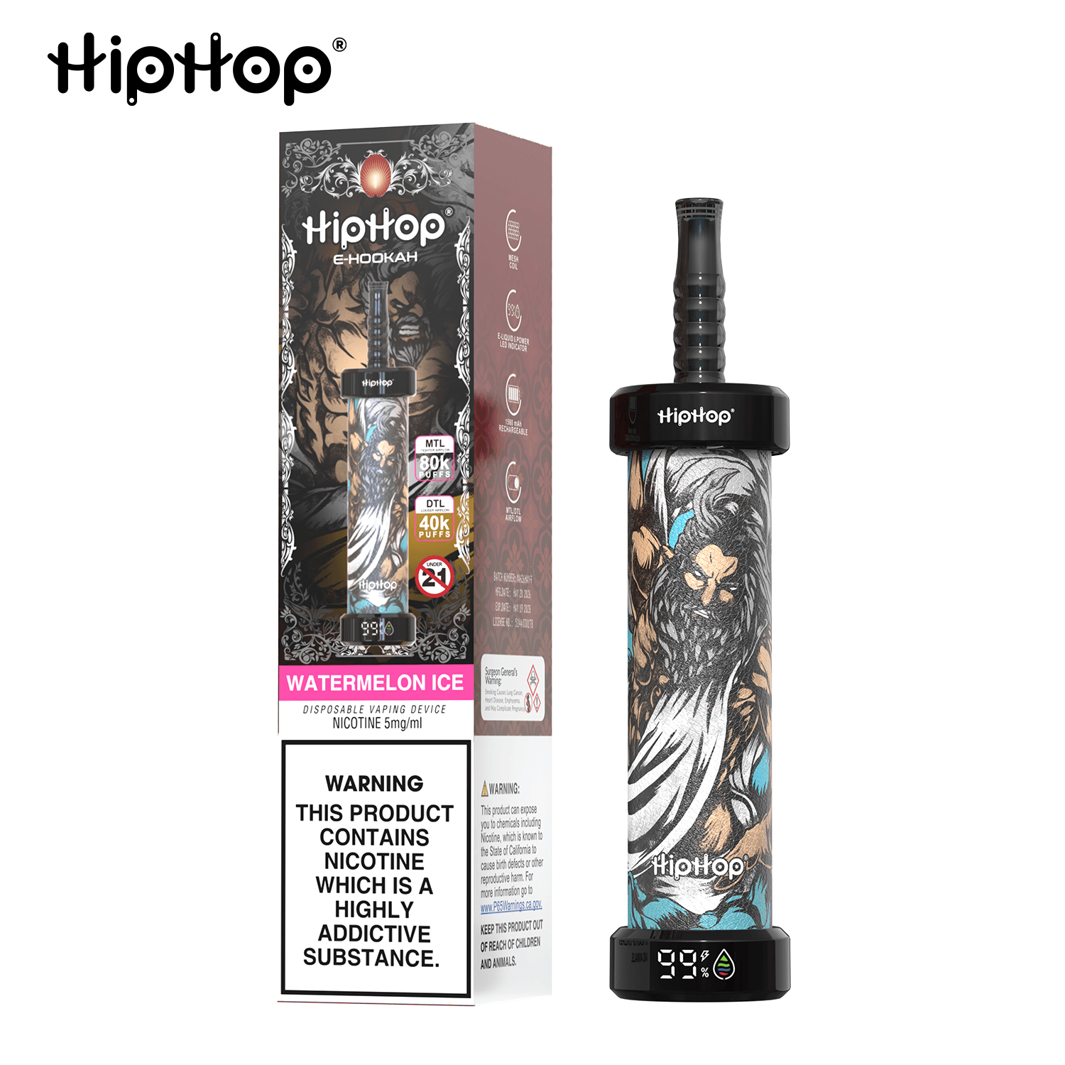 Cigarette électronique jetable HipHop rechargeable, jusqu'à 80 000 bouffées